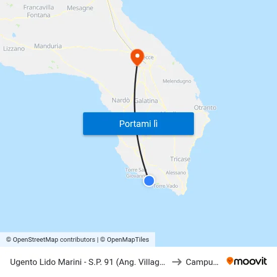 Ugento Lido Marini - S.P. 91 (Ang. Villaggio Costa Del Salento) - Salento In Bus to Campus Ecotekne map
