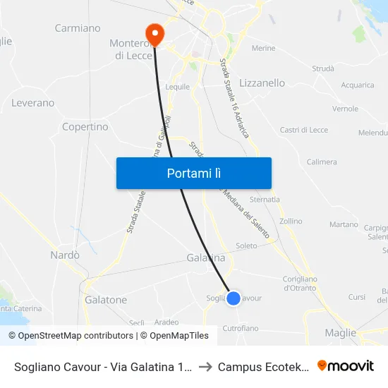 Sogliano Cavour - Via Galatina 104 to Campus Ecotekne map