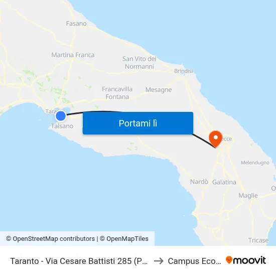 Taranto - Via Cesare Battisti 285 (Palamazzola) to Campus Ecotekne map