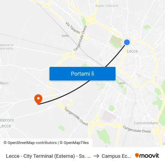 Lecce - City Terminal (Esterna) - Ss. Brindisi Lecce to Campus Ecotekne map
