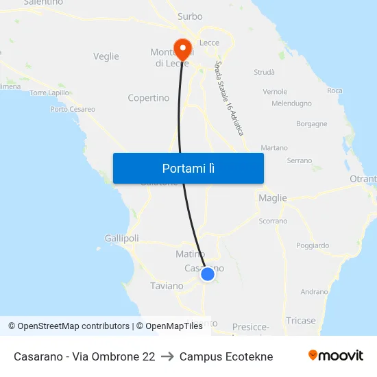 Casarano - Via Ombrone 22 to Campus Ecotekne map