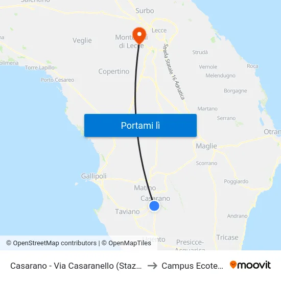 Casarano - Via Casaranello (Stazione) to Campus Ecotekne map