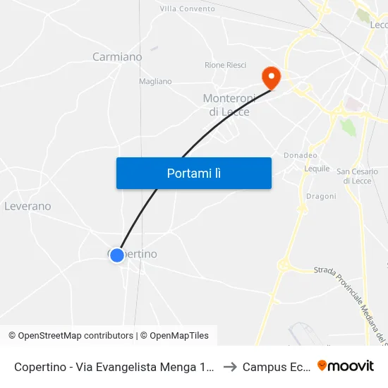 Copertino - Via Evangelista Menga 144 (Uffici Postali) to Campus Ecotekne map