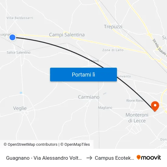 Guagnano - Via Alessandro Volta 62 to Campus Ecotekne map
