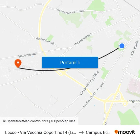 Lecce - Via Vecchia Copertino14 (Liceo Artistico) to Campus Ecotekne map