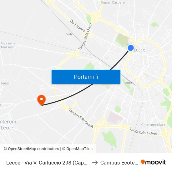 Lecce - Via V. Carluccio 298 (Capolinea) to Campus Ecotekne map