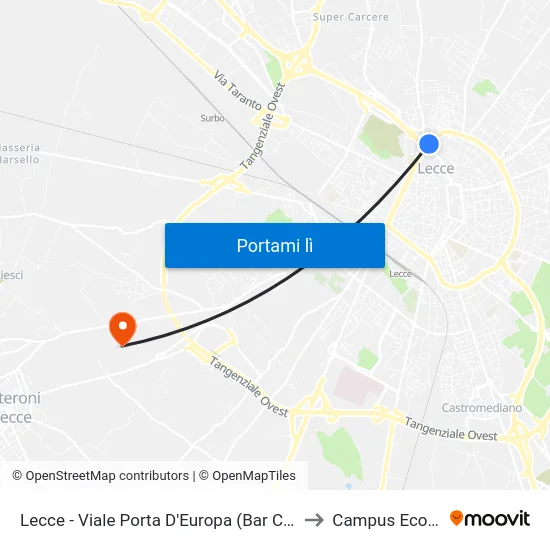 Lecce - Viale Porta D'Europa (Bar Commercio) to Campus Ecotekne map
