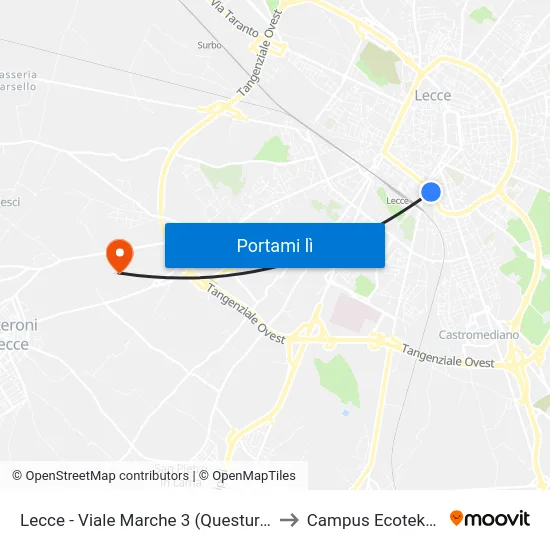 Lecce - Viale Marche 3 (Questura) to Campus Ecotekne map