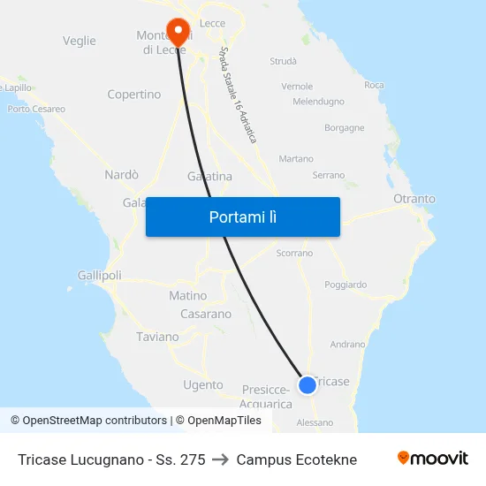 Tricase Lucugnano - Ss. 275 to Campus Ecotekne map