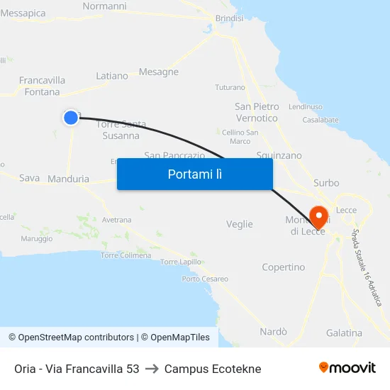 Oria - Via Francavilla 53 to Campus Ecotekne map