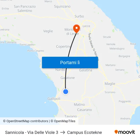 Sannicola - Via Delle Viole 3 to Campus Ecotekne map