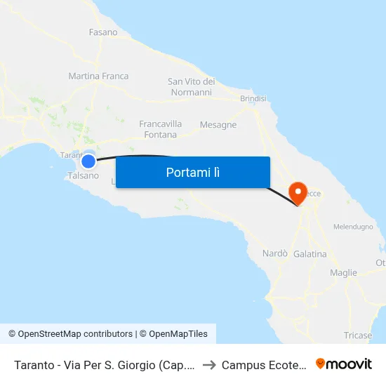 Taranto - Via Per S. Giorgio (Cap. 1/2) to Campus Ecotekne map