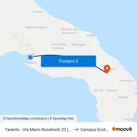Taranto - Via Mario Rondinelli 20 (Saram) to Campus Ecotekne map