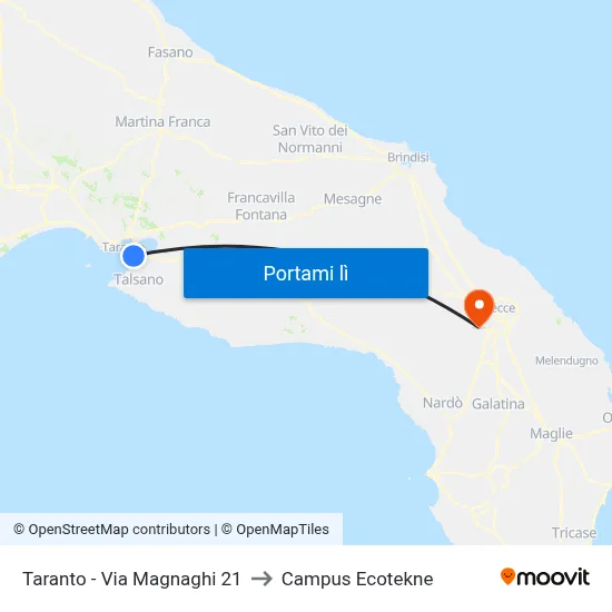 Taranto - Via Magnaghi 21 to Campus Ecotekne map