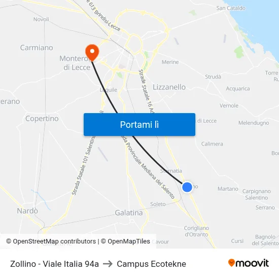 Zollino - Viale Italia 94a to Campus Ecotekne map