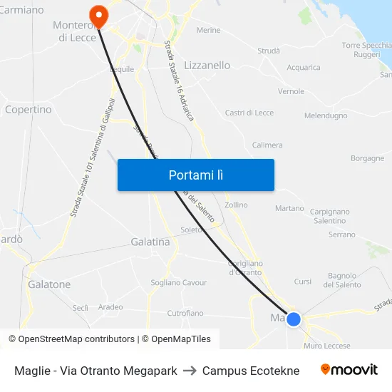 Maglie - Via Otranto Megapark to Campus Ecotekne map