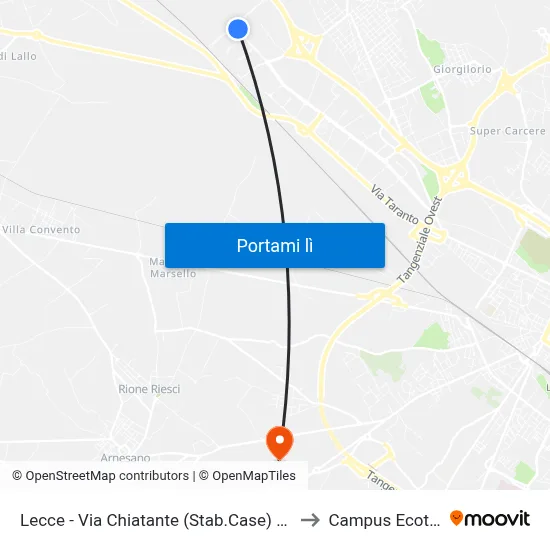Lecce - Via Chiatante (Stab.Case) Z.I. Lecce to Campus Ecotekne map