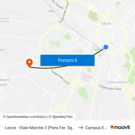 Lecce - Viale Marche 3 (Pens Fer. Sgm Nr 118 Questura) to Campus Ecotekne map