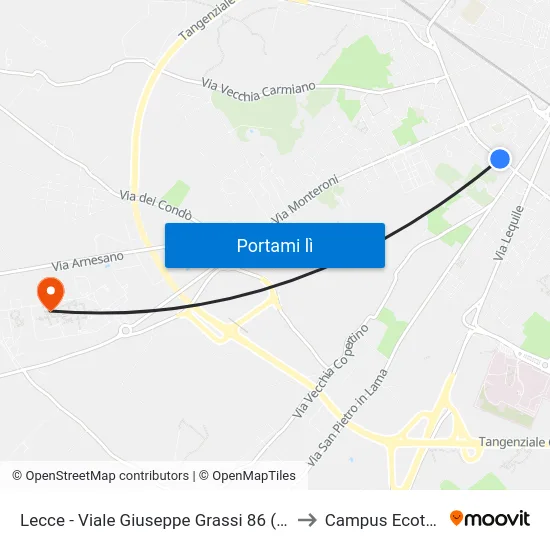 Lecce - Viale Giuseppe Grassi 86 (Virgilio) to Campus Ecotekne map