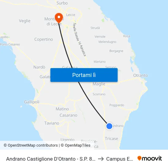 Andrano Castiglione D'Otranto - S.P. 85 Incrocio Via Italia to Campus Ecotekne map