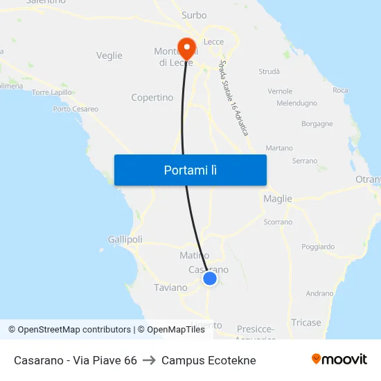 Casarano - Via Piave 66 to Campus Ecotekne map