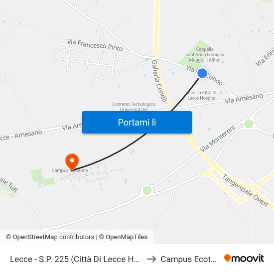 Lecce - S.P. 225 (Città Di Lecce Hospital) to Campus Ecotekne map