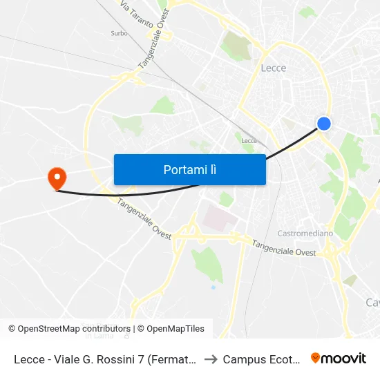 Lecce - Viale G. Rossini 7 (Fermata Sgm) to Campus Ecotekne map