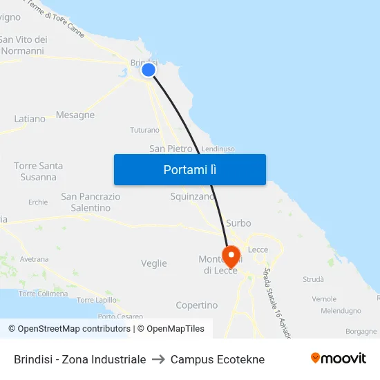Brindisi - Zona Industriale to Campus Ecotekne map