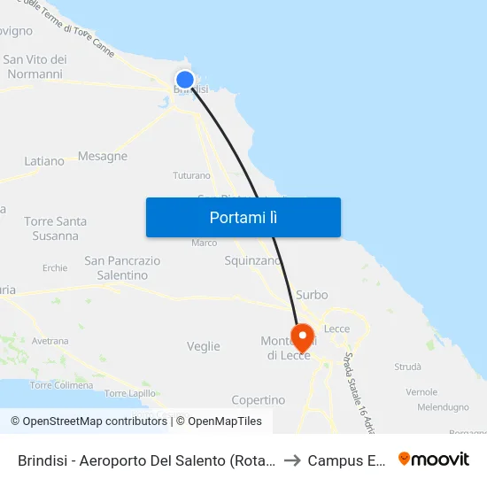 Brindisi - Aeroporto Del Salento (Rotatoria "Aeroplanino") to Campus Ecotekne map