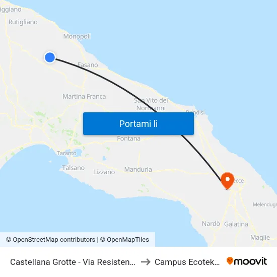 Castellana Grotte - Via Resistenza to Campus Ecotekne map
