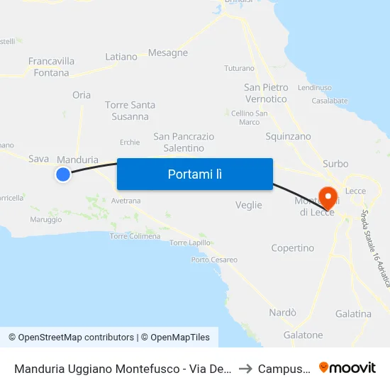 Manduria Uggiano Montefusco - Via Degli Imperiali (Scuola Elementare) to Campus Ecotekne map