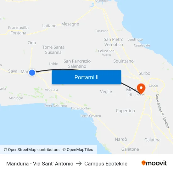 Manduria - Via Sant' Antonio to Campus Ecotekne map