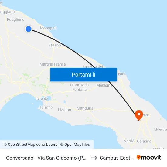 Conversano - Via San Giacomo (Palazzetto) to Campus Ecotekne map