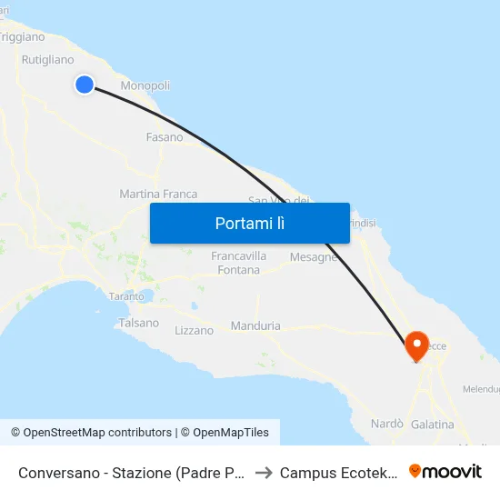 Conversano - Stazione (Padre Pio) to Campus Ecotekne map