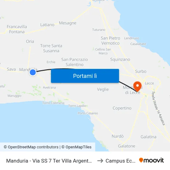 Manduria - Via SS 7 Ter Villa Argento Centro Anziani to Campus Ecotekne map