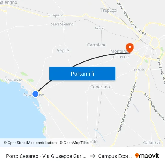 Porto Cesareo - Via Giuseppe Garibaldi 235 to Campus Ecotekne map