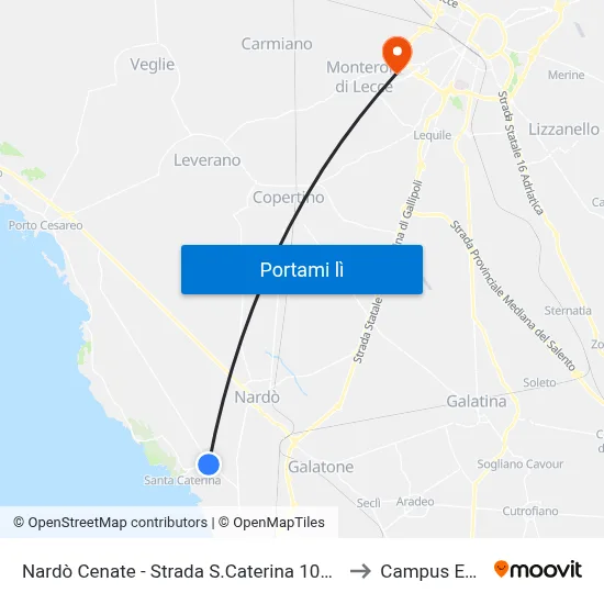 Nardò Cenate - Strada S.Caterina 104 (Posto Di Blocco) to Campus Ecotekne map