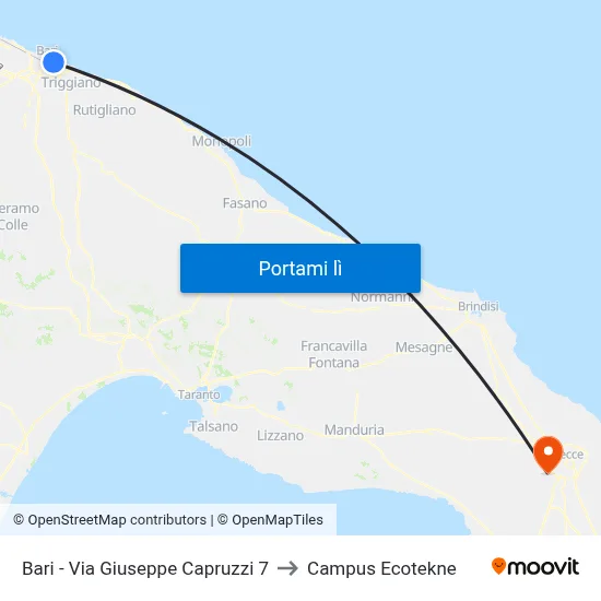 Bari - Via Giuseppe Capruzzi 7 to Campus Ecotekne map