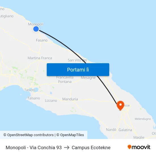 Monopoli - Via Conchia 93 to Campus Ecotekne map