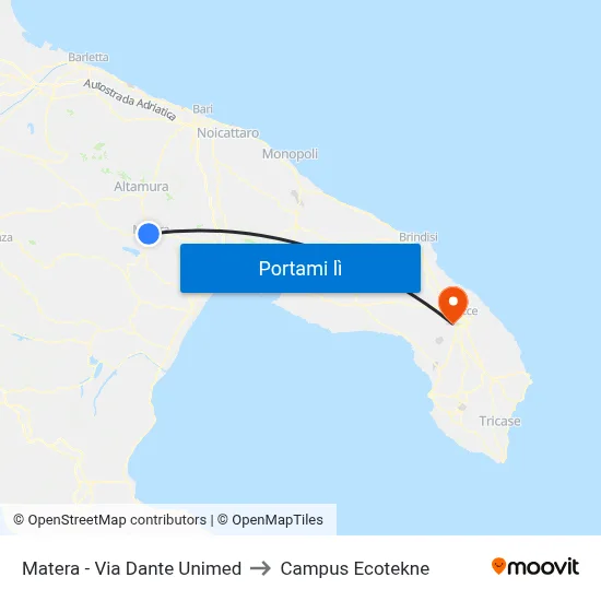 Matera - Via Dante Unimed to Campus Ecotekne map