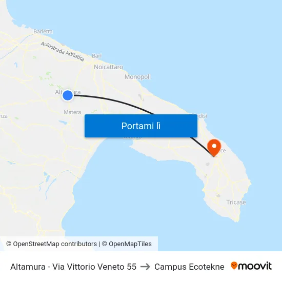 Altamura - Via Vittorio Veneto 55 to Campus Ecotekne map