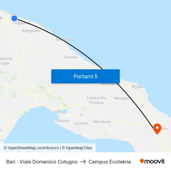 Bari - Viale Domenico Cotugno to Campus Ecotekne map
