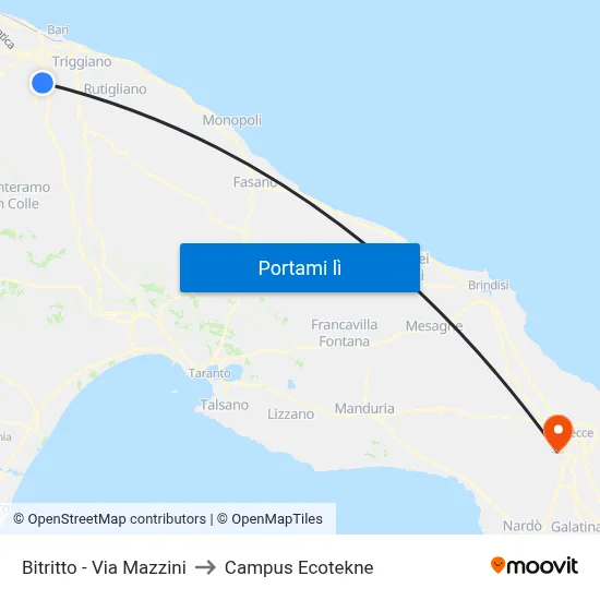 Bitritto - Via Mazzini to Campus Ecotekne map