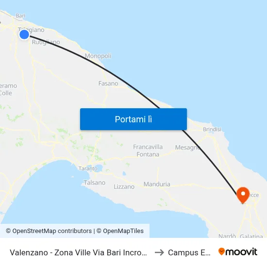 Valenzano - Zona Ville Via Bari Incrocio Via Squicciarini to Campus Ecotekne map