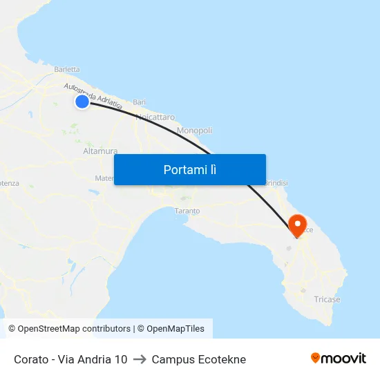 Corato - Via Andria 10 to Campus Ecotekne map
