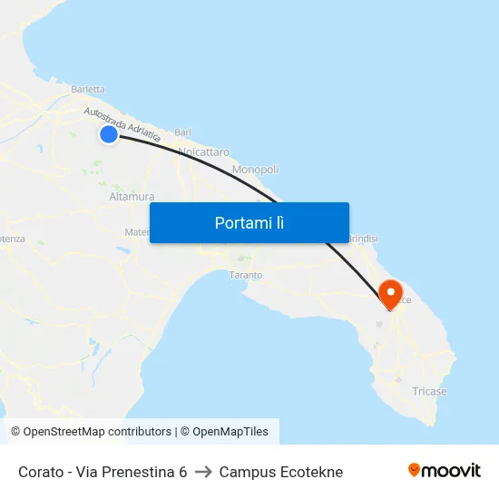 Corato - Via Prenestina 6 to Campus Ecotekne map