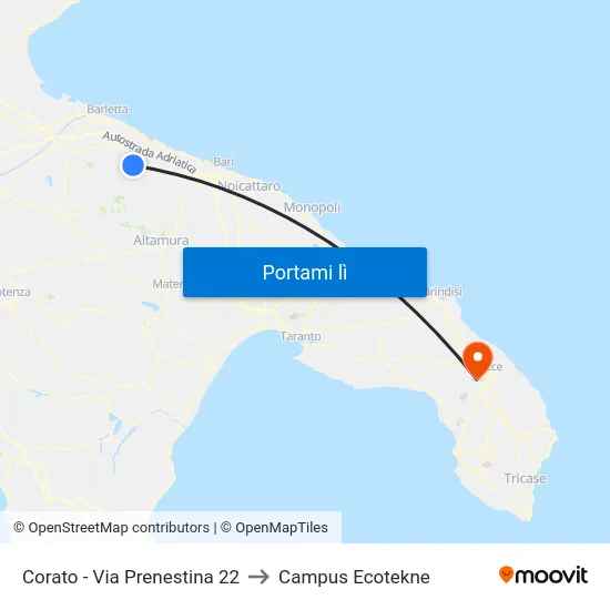 Corato - Via Prenestina 22 to Campus Ecotekne map