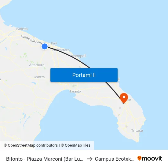 Bitonto - Piazza Marconi  (Bar Luna) to Campus Ecotekne map