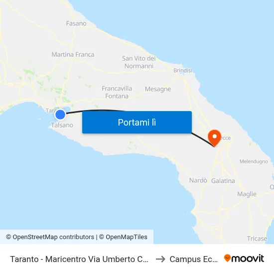 Taranto - Maricentro Via Umberto Cagni 2  Partenza to Campus Ecotekne map