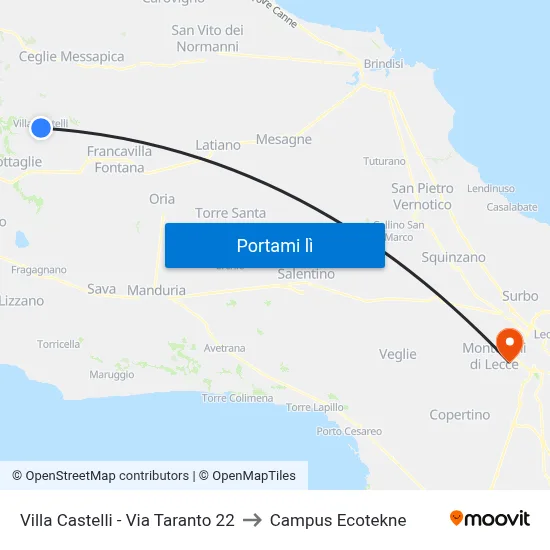 Villa Castelli - Via Taranto 22 to Campus Ecotekne map